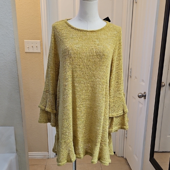 Nally & Millie Mustard Textured Tunic Top Ruffled Hem & Layered Bell Sleeves - Picture 2 of 10